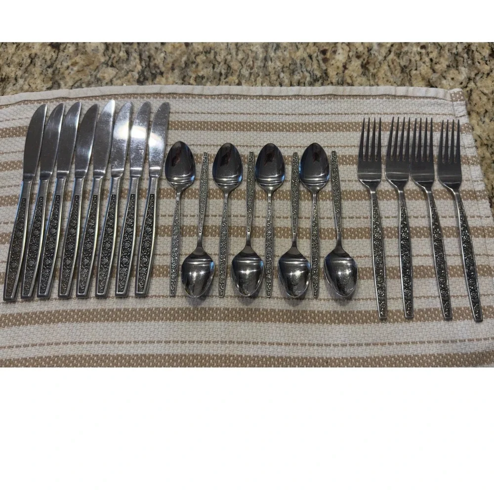 Granada Rose Stainless Steel Flatware Set 20pc‎ Japan Floral Embossed Vintage